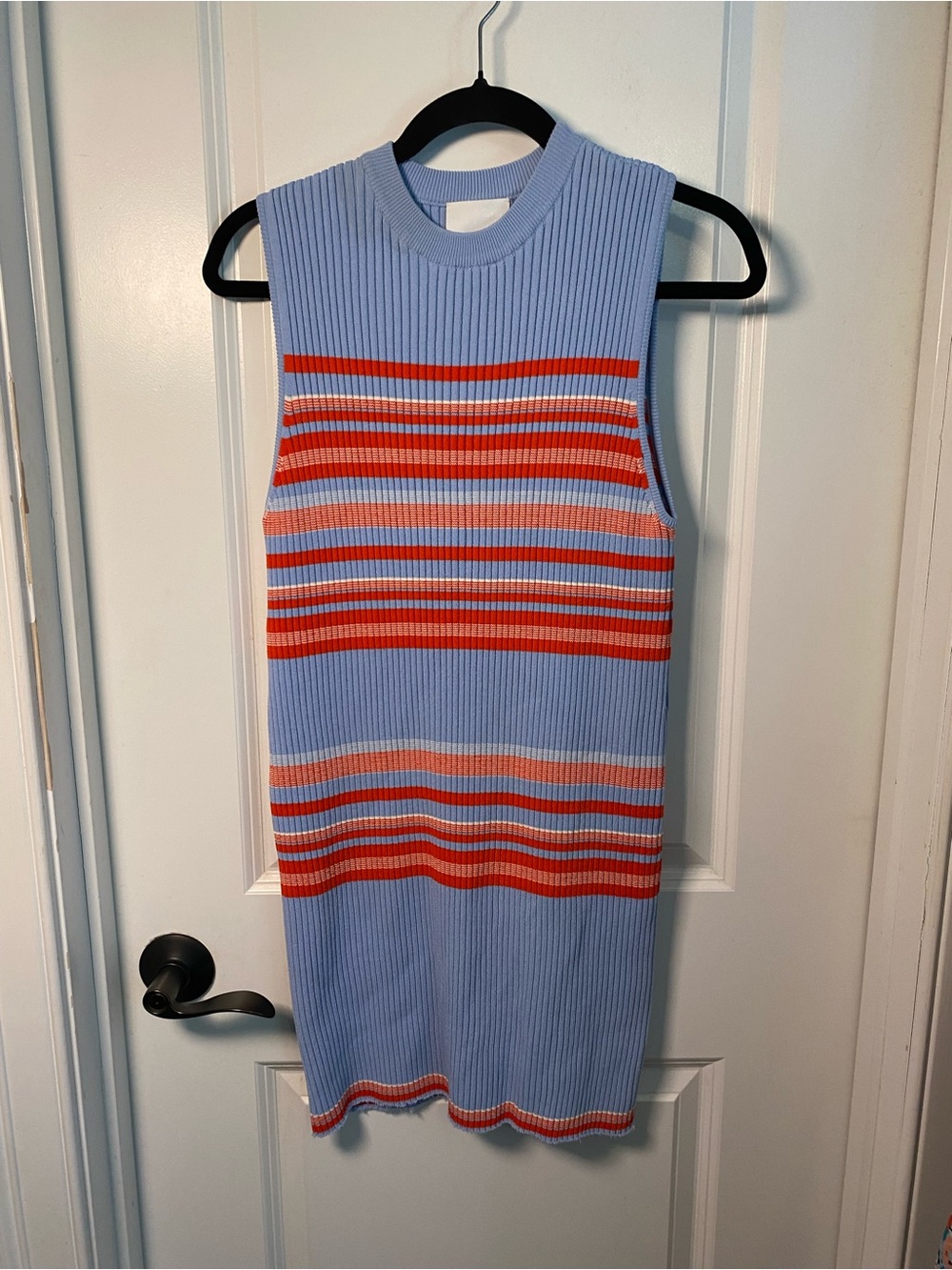 C/MEO Collective Sleeveless Ribbed Striped Stretch Knit Dress - Light Blue & Red